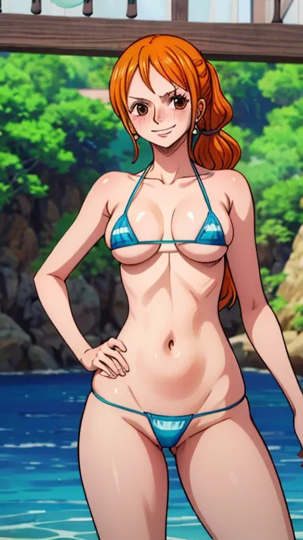 ((masterpiece,best quality)), absurdres, wano style, nami, 1girl, solo, blush, smile, micro bikini, smiling, looking at viewer, cowboy shot,  cinematic composition, contrapposto, tropical island, long hair, ewelry, closed mouth, ponytail, sidelocks, earrin...