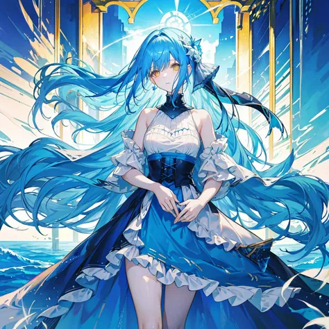 Her blue hair, which resembles the color of the sea, is long enough to reach down to her thighs., Bright yellow eyes that shine like stars reflected in the sea, A bit short for a man of 170cm, A feminine appearance that is clearly a woman&#39;s, A beautifu...