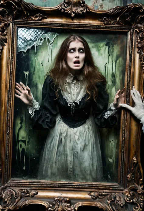 Young woman, green eyes, brown hair, victorian dress, horrified,  hands pressed against glass, trapped in a haunted oil painting, painting frame, ghostly, trapped, hanging on the wall in a victorian house