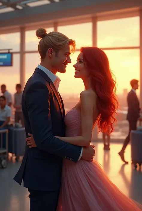 A handsome man with blond hair in a bun is standing at an international airport with a beautiful woman with long red hair who is smiling happily.