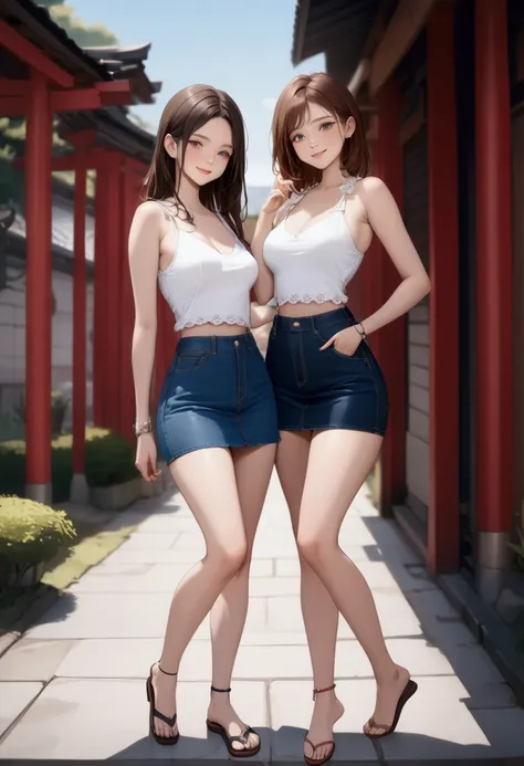 two pretty women are smiling together at outdoor place, they are wearing denim skirt , BREAK, ((masterpiece:1.2), (best quality:1.2), (very aesthetic:1.2), (absurdres:1.2), (detailed background),intricate details, newest, sfw), ( full body, front view, loo...