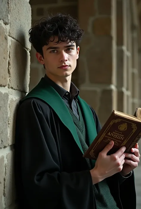 A head to feet, hyper-realistic picture of a charming male Harry Potter character with fair skin, short curly black hair, brown eyes, tall and fit. A Slytherin student leaning on a wall at Hogwarts Castle, reading an ancient tome, wearing black and green S...