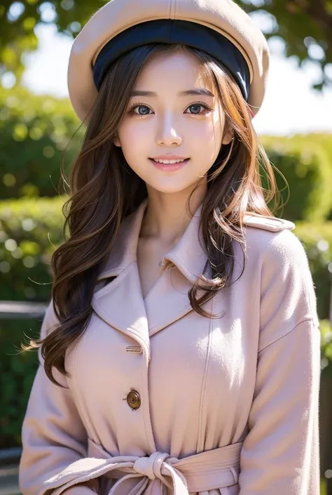 Smiling woman in a trench coat, Pink sweater with mimosa pattern, Beret, Upper body details, Detailed Hair,Detailed face,Detailed eyes,Mouth details,Natural look, Detailed hands, Maple饅頭を食べている, Detailed lower body,Thigh details,Detailed legs,Detailed feet,...