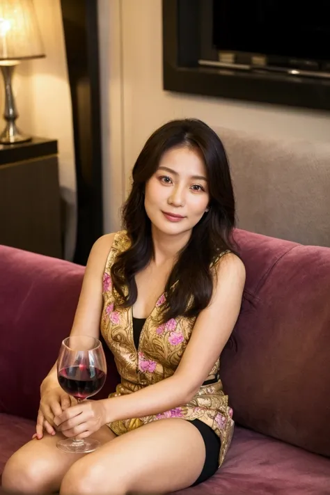 25 years aged but still youthful and beautiful euro-asia woman, sitting on the sofa and hold the wine cup