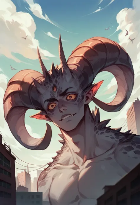 Giant humanoid creature, long horns, extra eyes, close to a city