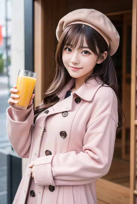 Smiling woman in a trench coat, Pink sweater with mimosa pattern, Beret, Upper body details, Detailed Hair,Detailed face,Detailed eyes, Eating momiji manju, Mouth details,Natural look, Detailed hands,Detailed lower body,Thigh details,Detailed legs,Detailed...