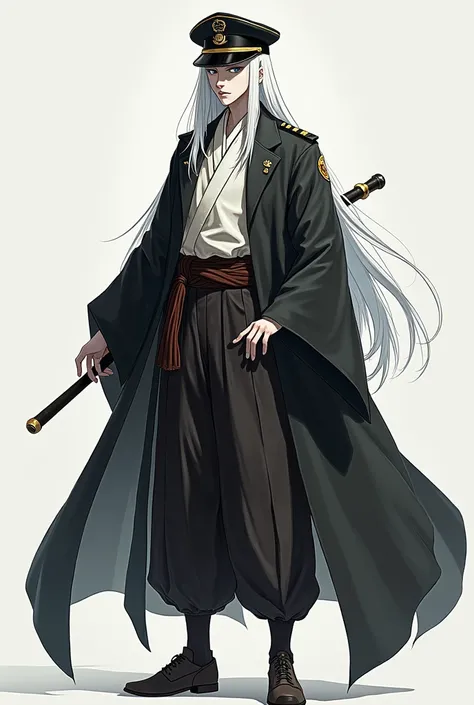 Wearing a military cap、Wearing hakama、Wearing a black cape、White skin、White and long hair、Please draw an androgynous man。