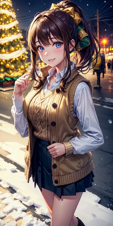 1girl, solo, full body, christmas, ((christmas tree)), street, night, lights, snow, brown hair, ponytail, large breasts, button down, ((winter coat)), ((vest sweater)), dark blue eyes, ((shirt)), ((unbuttoned shirt)), ((skirt)), smile, looking at the viewe...