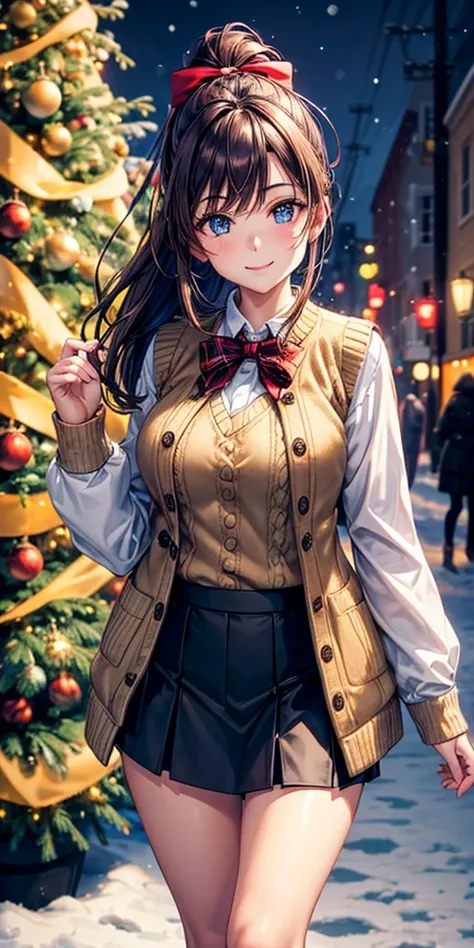 1girl, solo, full body, christmas, ((christmas tree)), street, night, lights, snow, brown hair, ponytail, large breasts, button down, ((winter coat)), ((vest sweater)), dark blue eyes, ((shirt)), ((unbuttoned shirt)), ((skirt)), smile, looking at the viewe...