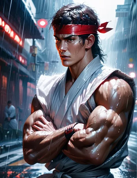 (cinematic image, Street Fighter character: Ryu, detailed face and body, white sleeveless karate gi, red headband, crossed arms), (best quality, ultra-detailed, realistic:1.37), heavy rain, dramatic lighting