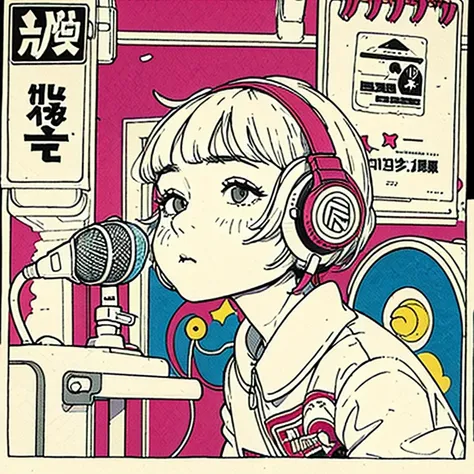 masterpiece, manga style, pen, 1girl, headphone, cool, independent, stand up, no background, white, short bob, spot color, vivid color, solid color, singing, microphone, Sing into the microphone