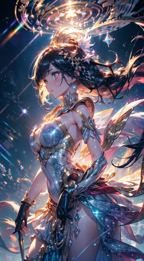 ((Ethereal goddess)) with (cascading raven hair, starlit eyes, radiant aura) (standing at cosmic crossroads) BREAK (Celestial realm, (shimmering clouds, floating crystals)) BREAK (Swirling energy, (golden light beams, sparkling stardust)) BREAK (Serene exp...