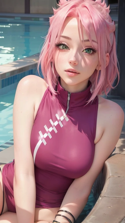 Cute girl with pink hair and green eyes sitting by a pool, sakura haruno, haruno sakura, 4 k, seductive girl, visual of a cute girl, sakura haruno in slug sage mode, visual of a young woman