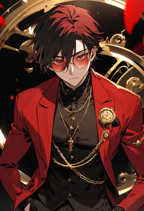 Make a 30 year old anime style man who has circular glasses with a dark red lens and a red suit with a pocket with a gold watch and a gold ring and you can see his body 