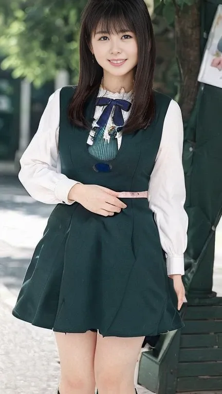 Japanese Mature,(55 years old:1.2),White skin,(plump body,Large Breasts,Emphasizes plump thighs:1.5),(nogizaka_Costume,skirtliftfront,earrings:1.3),(Standing in the park,Full body shot from head to toe,full body:1.2),looking at viewer,smile,surrealism, dep...