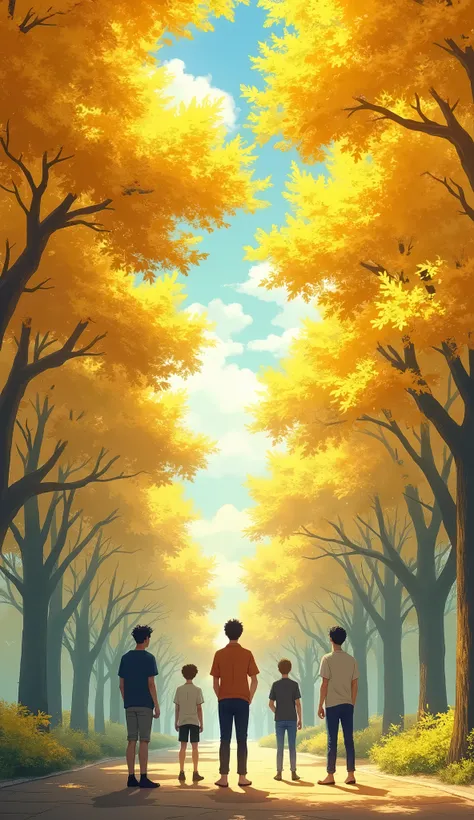 Ginkgo Trees Young Men Solo, Look at, Vanishing Point, Anime Style, 