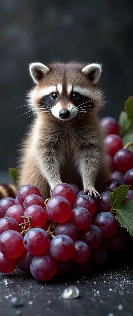 A captivating photograph of a cute, extra fluffy baby raccoon. The raccoon is sitting on a large, spreading bunch of grapes. The grapes have a sapphire transparent gloss with silver glitter leaves. The background is a black rough surface with a craquelure ...