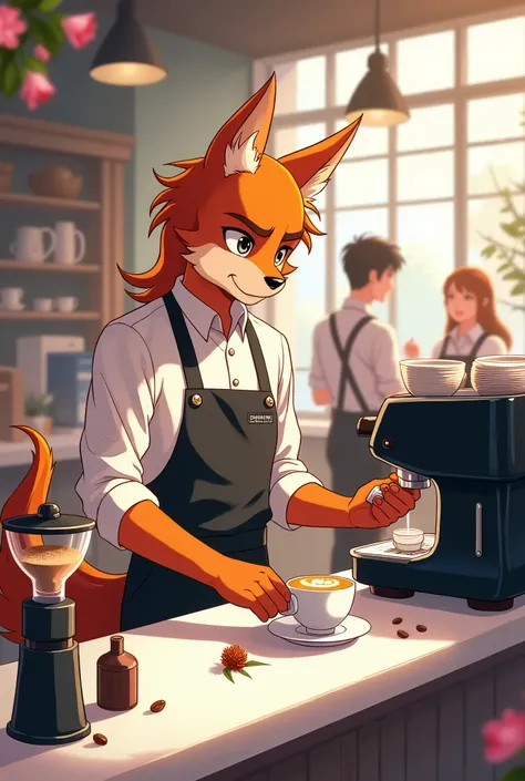 cover page, kemono boy, barista, brewing coffee, making cappuccino, making latte-art, smiling, coffee grinder, milk jug, coffee beans, making coffee right on bar, white rock bar, customers on background, inside, sun weather, coffeeshop, la marzocco, flower...