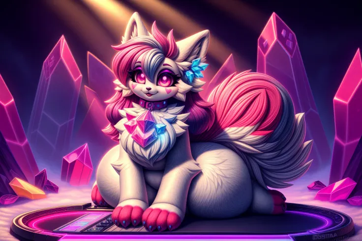 Female, Crystal Sprinkles,  A fluffy, white fur, Very nice face, colorfull, Red elements on fur, Glowing Beautiful light and shadows, Ambient light, Ultra detailed fur, surround light thicc full body detailed Futurista Detallado DJ