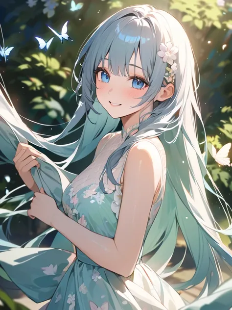 One Girl、Charming smile、Deep blue eyes、Long flowing hair、Delicate features、Floral Dress、Graceful pose、Porcelain-like skin、A gentle blush on the cheeks BREAK The soft morning light、(Backlight):1.2、Pastel colors、Subtle Shadows、Dreamy atmosphere、Ethereal Glow...