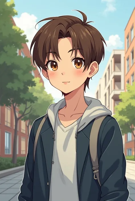 Modern era college boy manhwa with straight brown hair and brown eyes