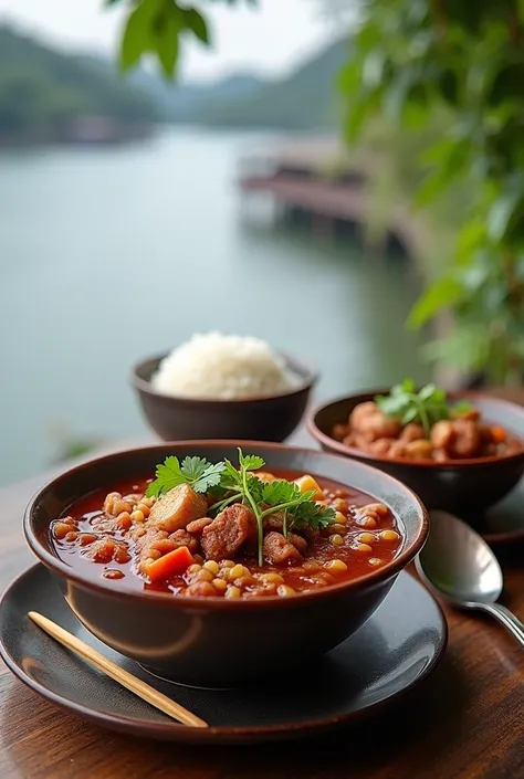 A vibrant photo of a bowl of clear pork blood soup with hearty minced pork, a selection of flavorful pork offal, and a generous sprinkle of cilantro, accompanied by a bowl of perfectly cooked steamed white rice, set against a blurred background of a river ...