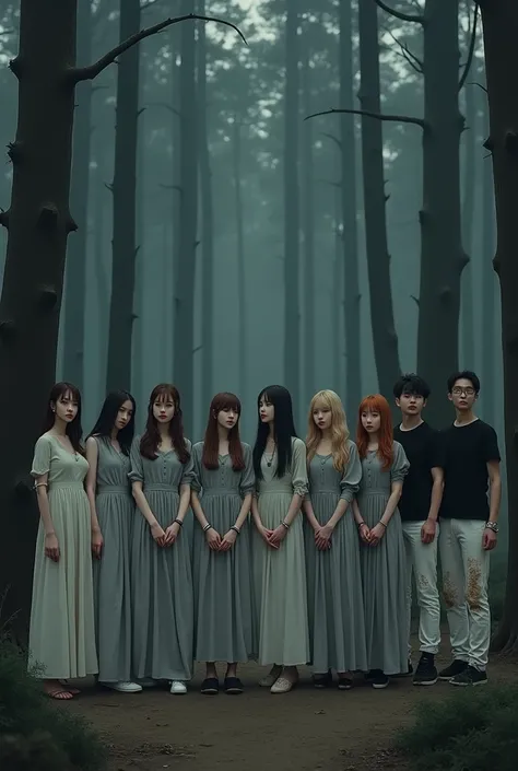 Create a group of 20 Koreans standing together in a dark forest , 10 Korean women with delicate features in total, with long white and grey floor-length dresses , They will wear shackles on their hands , 5 de las mujeres tendran el cabello largo y cafe up ...