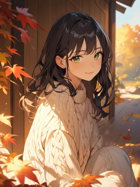 One Girl、Thoughtful expression、Bright green eyes、Wavy long hair、Cozy sweaters、Relaxed posture、Glowing Skin、A slight smile、Cute Freckles BREAK Golden Hour、(Soft Focus):1.3、Warm shades、Long Shadows、Shining Highlights、Nostalgic atmosphere、Painterly effect、Coz...