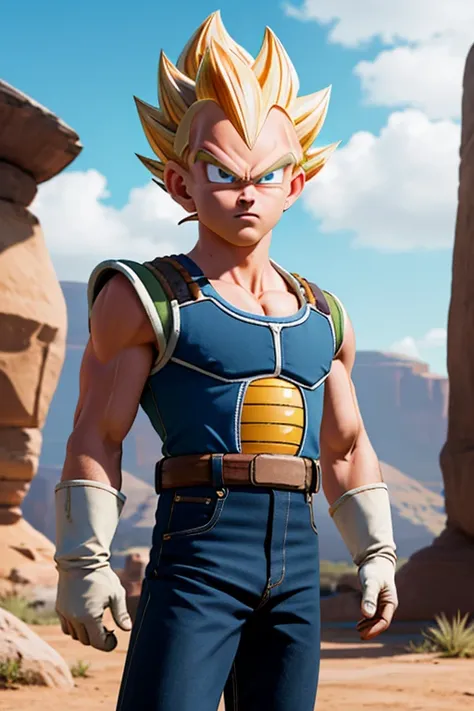 (masterpiece, best quality: 1.2), cowboy shot, solo, male focus, 1boy, vegeta, serious, looking at the viewer, spiked blonde hair, green eyes, armor, white gloves