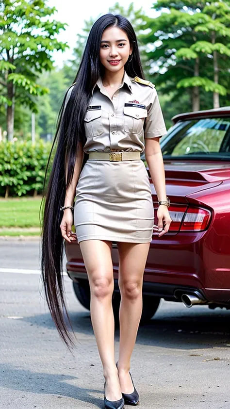 ((Full body photo:1.3)), Khaki suit, Khaki civil servant, Thai teacher uniform:1.3, Beautiful girl with extra long hair, Two meters long hair, Long hair that catches the eye, Long black hair, Her hair is very long., Long, shiny hair, Long, thick, soft hair...