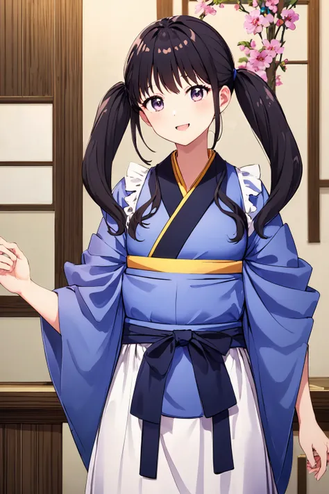 masterpiece,best quality,highly detailed 8k wallpapers,check it out, purple eyes,one girl,whole body,standing,twin tails,kimono,