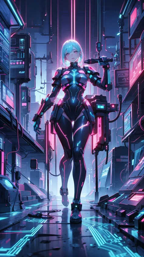 beautiful, luminous futuristic woman, complex circuits, neon-like colors, cyberpunk style, advanced technology, digital art, adv...