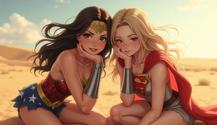 (Wonder Womanとスーパーガール。Get on all fours, Facing the camera。Smiling with chin on hand。、anime)
On the left is Japanese、cute、Wonder Woman。 Brown Hair、masterpiece、beautiful girl、Beautiful Eyes、Swollen eyes、A ray of hope、Best Quality、超High resolution、(reality:1....