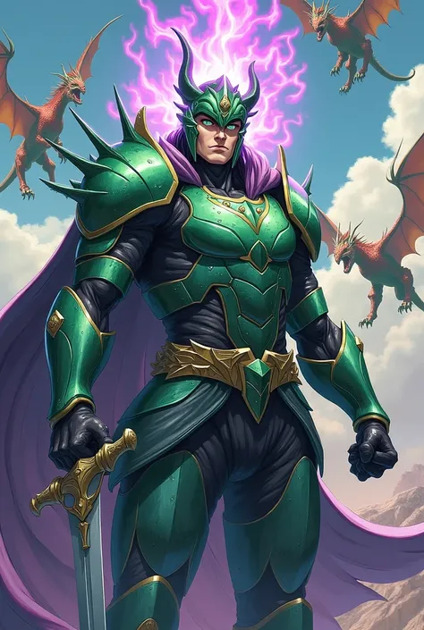 Anime, 40 y man, black hair, light green eyes, in green metallic armor, green metallic helmet with dragon features but most of the man face remains visible, sword in right hand, the left hand a closed fist, a weak purple halo surround his body, a strong pu...