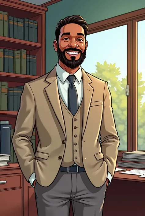 A professional lawyer, Mr. Brown, is standing in a cozy law office, looking friendly and approachable. He is dressed in a neat outfit, wearing a light-colored blazer and a dress shirt without a tie. His demeanor is warm and welcoming. The office around him...