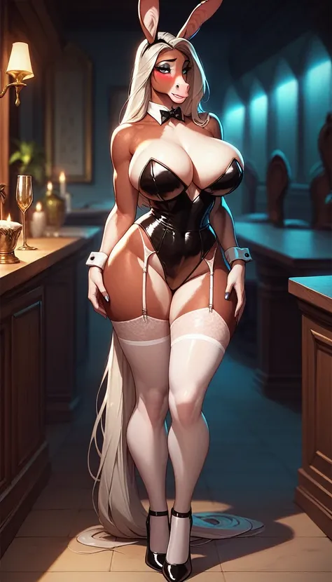 (solo girl ) furry,female anthro horse, sexy,she is standing, bunny outfit, ,  sexy body , big breasts, thicc body, thicc , big breasts    white stockings (blushing) high heels , garter belt