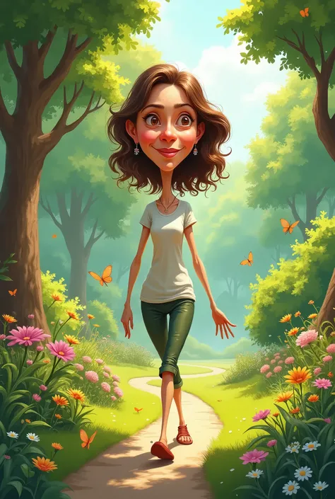 caricature of a woman taking a walk in a park