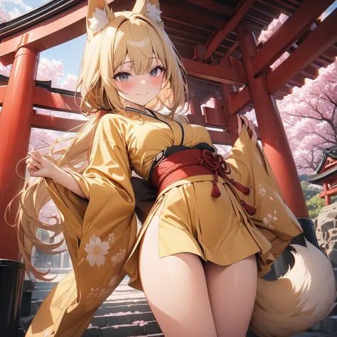 (Best Quality),(masterpiece),(Super detailed),(8k),(32K),One fox girl、Black Eyes、Blonde、Long low ponytail、Fox ears、One fox tail from the waist、smile、blush、(Small breasts:1.3)、Yellow floral long kimono、Thighs、turn around、In front of the torii gate、cherry bl...