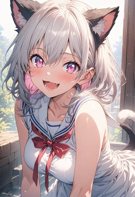 Pixiv,  top rated on Pixiv, | Anime with attention to detail, Pixiv 3dcg,Anime Girls, 2b high school girl anime illustration、Highly detailed face,fine grain,Highlighted eyes, Medium Breast ,pretty girl, Laugh shyly,Cat ears,Beautiful silver hair,Pink insid...