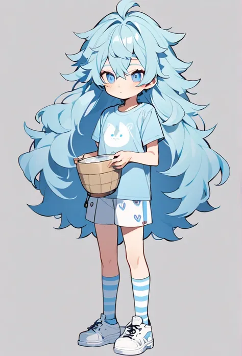 Young boy, skinny body, femboy, Big hair, wearing a light blue t-shirt striped with white, light blue cueca, light blue socks with white stripes
