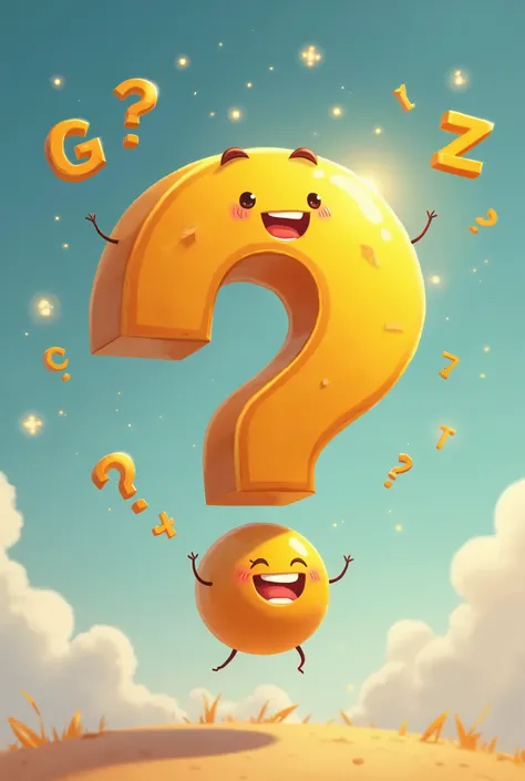 A floating question mark with a cheerful face. Its eyebrows and mouth should express a wide range of emotions (from being helpful to mischievous). You can incorporate small math symbols into Questor’s design, like glowing addition and subtraction marks aro...