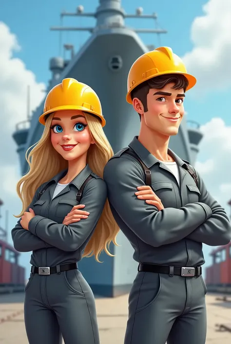 The scene features two caricatures working in the naval industry, standing confidently with their arms crossed in front of a large ship. The young blonde woman has long, wavy hair and bright blue eyes, dressed in a sleek all-gray uniform typical of shipyar...