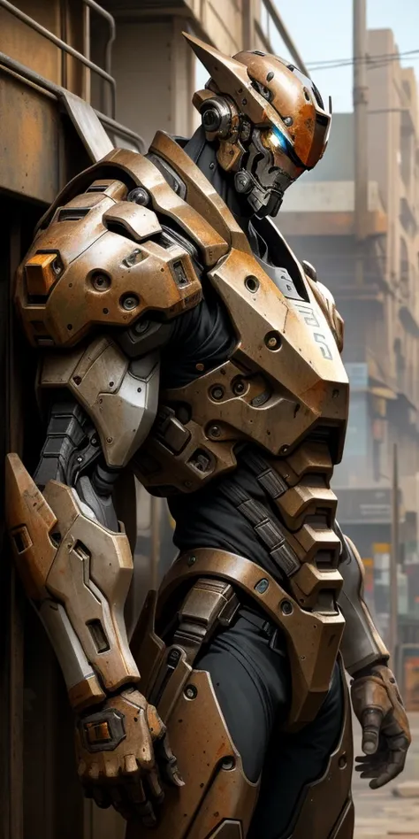 Portrait photo of an alpha male, perfect eyes, in a worn mecha suit, intricate, (steel metal [rust]), elegant, sharp focus, photo by greg rutkowski, soft lighting, vibrant colors, masterpiece, ((streets)), cowboy shot, dynamic pose, 