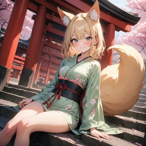 (Best Quality),(masterpiece),(Super detailed),(8k),(32K),One fox girl、Black Eyes、Short blonde、Fox ears、One fox tail from the waist、smile、blush、(Small breasts:1.3)、Light green long floral kimono、Thighs、Sitting on the steps of the shrine、In front of the tori...