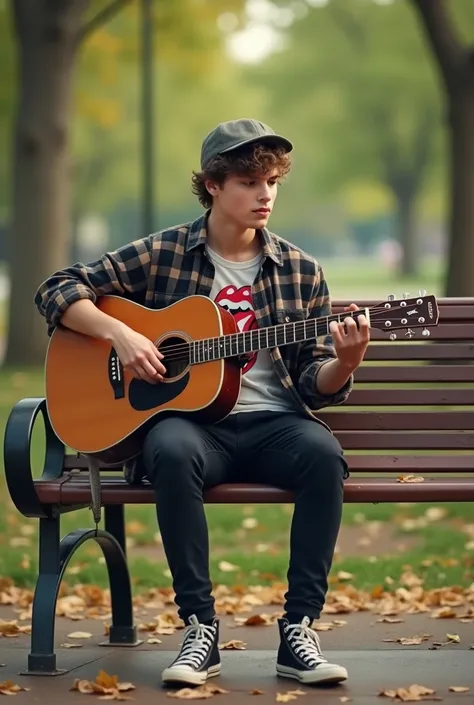 a young man, short curly hair, wearing a flat cap, flannel shirt, kaos rolling stones, black slim fit denim pants, Converse shoes, sitting on a park bench playing guitar