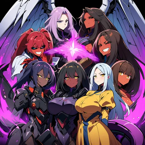 anime, high detailed, multiple womans, mature womans, dark ebony mecha armor, large mechanical wings, evil grin, large clawed ga...