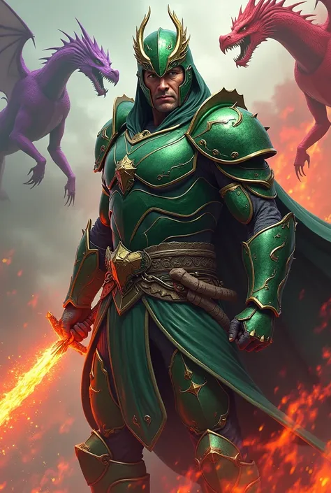 Anime, 40 y man, black hair, light green eyes, in green metallic armor, green metallic helmet with dragon features throwing red flammes but most of the man face remains visible, sword in right hand, the left hand a closed fist, a weak purple halo surround ...