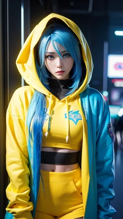 a woman with blue hair and a yellow hoodie posing for a picture, female cyberpunk anime girl, cyberpunk 20 y. o model girl, cyberpunk anime girl, cyberpunk 2077 rossdraws, cyberpunk girl, cyberpunk anime girl in hoodie, as overwatch character, cyborg girl,...