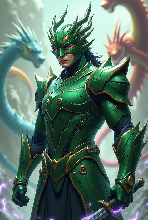 Anime, 40 y man, black hair, light green eyes, in green metallic armor, green metallic helmet with dragon features but most of the man face remains visible, nasels on helmet are throwing red flammes, sword in right hand, the left hand a closed fist, a weak...