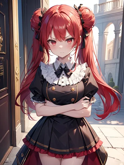 1girl, title(princess), appearance(long red hair, wavy hair, twin tails, double buns, large bust), clothes(black and white royal highschool uniform, black and red short-skirt, white skirt frills, gold ornate details on clothes, black ribbon collar), person...